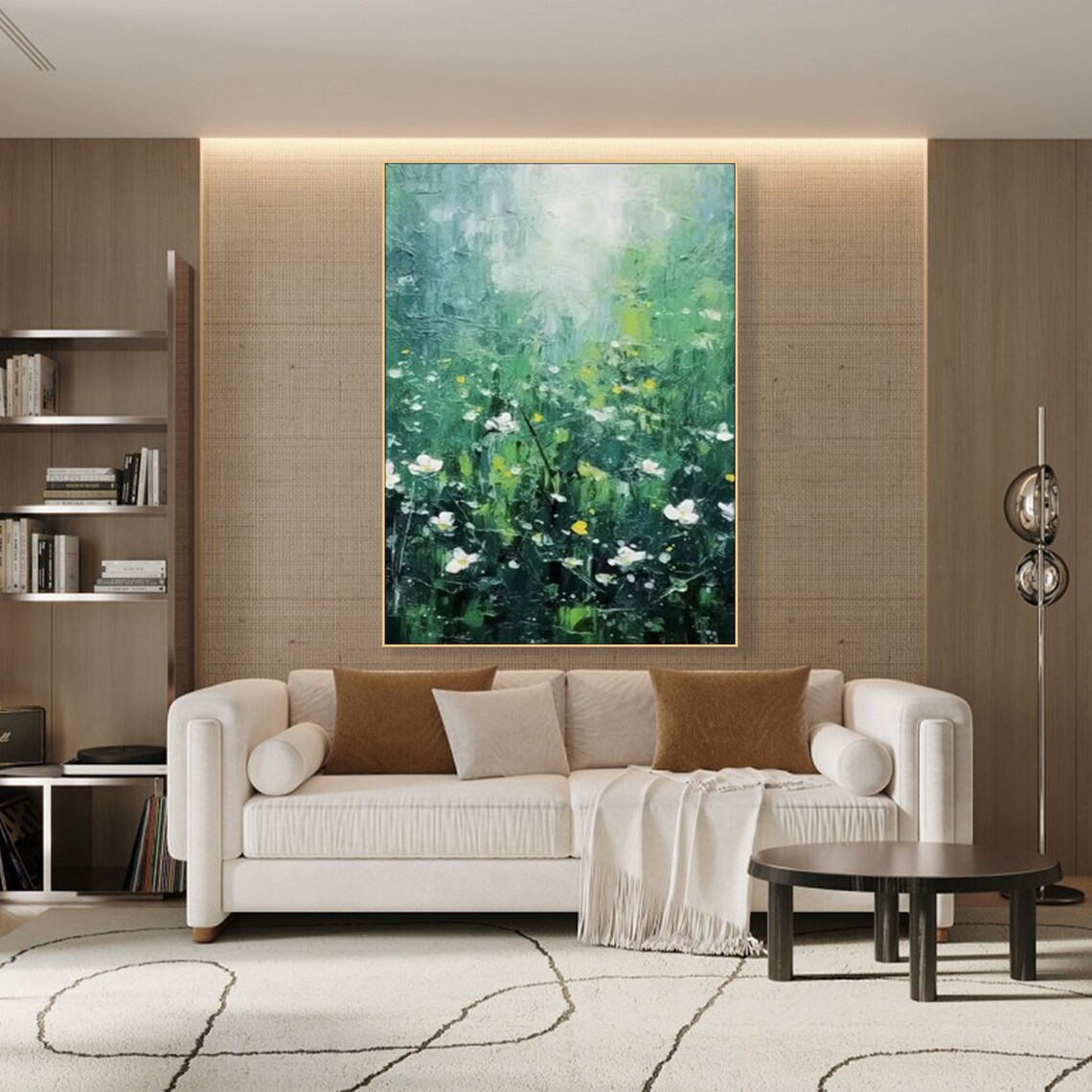 Spring Meadow Misty Green Oil Painting White Wildflowers Impressionist Art Poster - Image 2