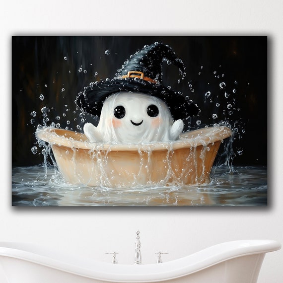 Adorable With Witch Hat Canvas Wall Art Happy Halloween Decor Haunted In Tub Painting Print Paranormal Poster Ready To Hang