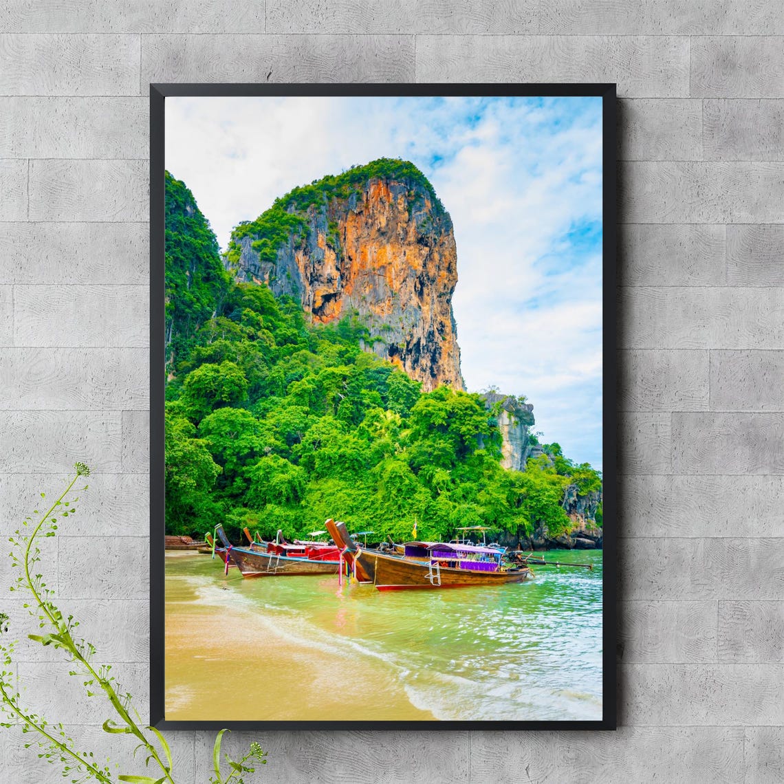 Krabi Thailand Limestone Cliffs Longtail Boats Tropical Beach Poster