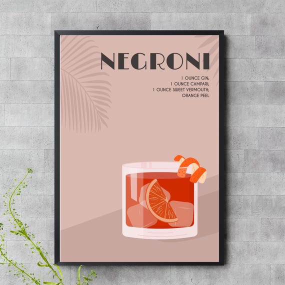 Negroni Cocktail Art Minimalist Pink Print For Bar Or Kitchen Drink Recipe Poster