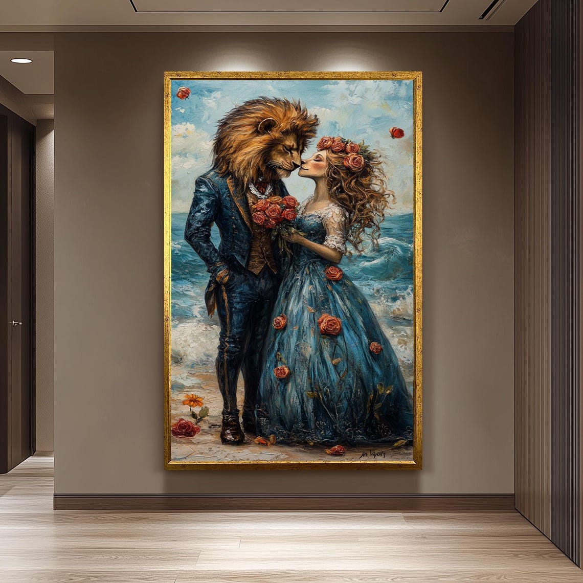 Romantic Lion Couple Wedding Style Surreal Animal Portrait Poster