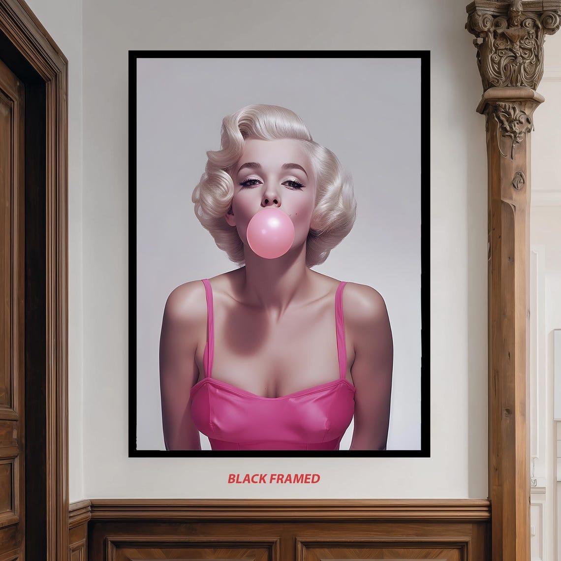 Retro Glam Pop Art Canvas Of Blonde Woman In Pink Dress Blowing Bubblegum For Modern Wall Decor With Fashion And Vintage Style
