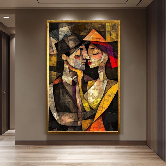 Cubist Couple Canvas Print Abstract Modern Wall Art Picasso Inspired Geometric Portrait Painting For Contemporary Stylish Home Decor