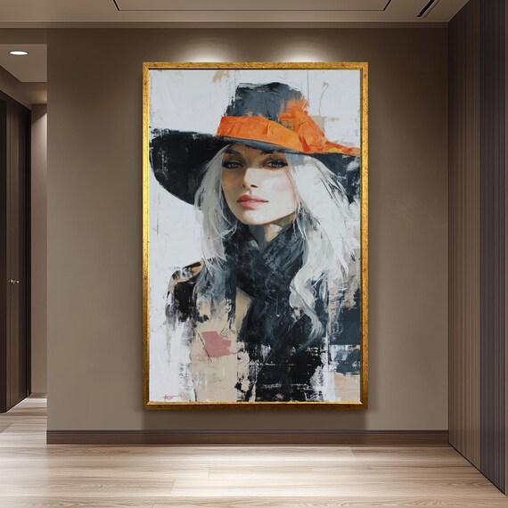 Western Woman Abstract Oil Painting Elegant Cowgirl Hat Poster