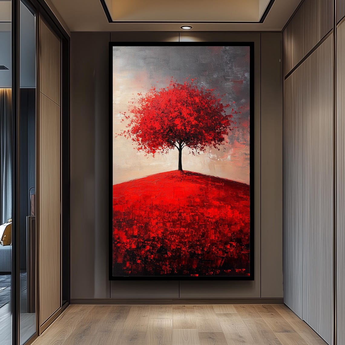 Abstract Red Tree on Crimson Hill Modern Minimalist Art Poster