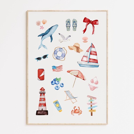 Watercolor Coastal Collage Whale Lighthouse Beach Icons Poster