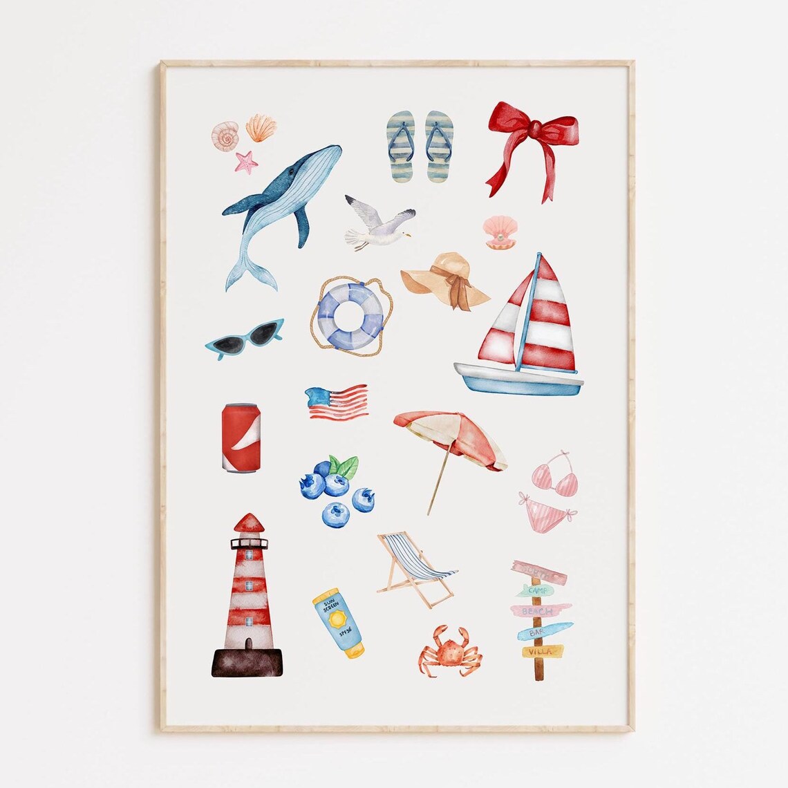 Watercolor Coastal Collage Whale Lighthouse Beach Icons Poster
