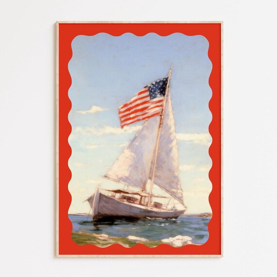 American Flag Sailboat Red Scallop Border Nautical Art Poster