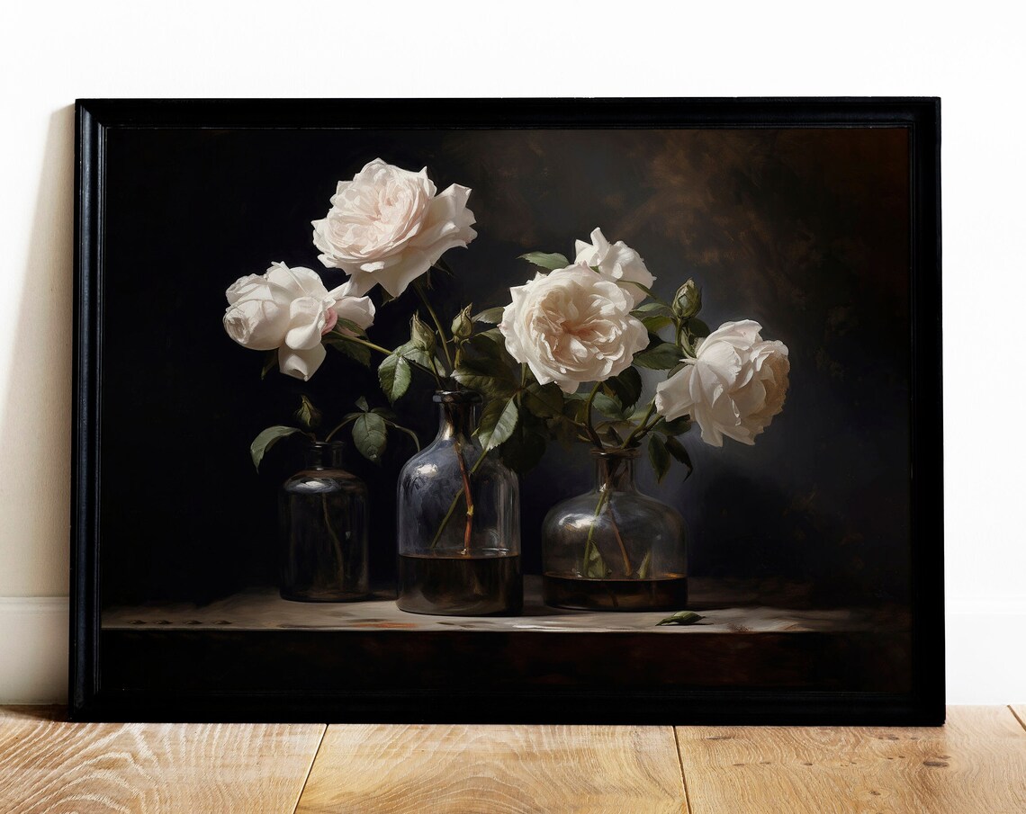 White Roses Dark Moody Floral Still Life Oil Painting Poster - Image 4