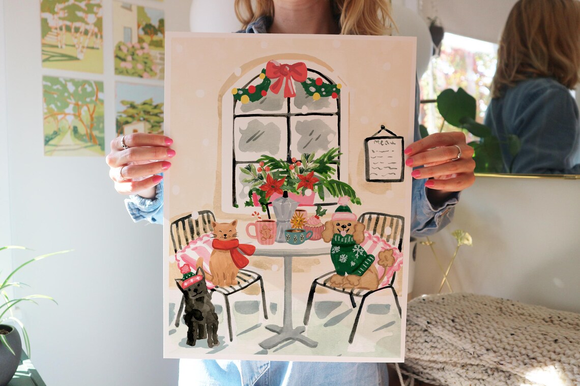 Christmas Cafe Art Print, Festive Cats Dogs Holiday Table - Image 2