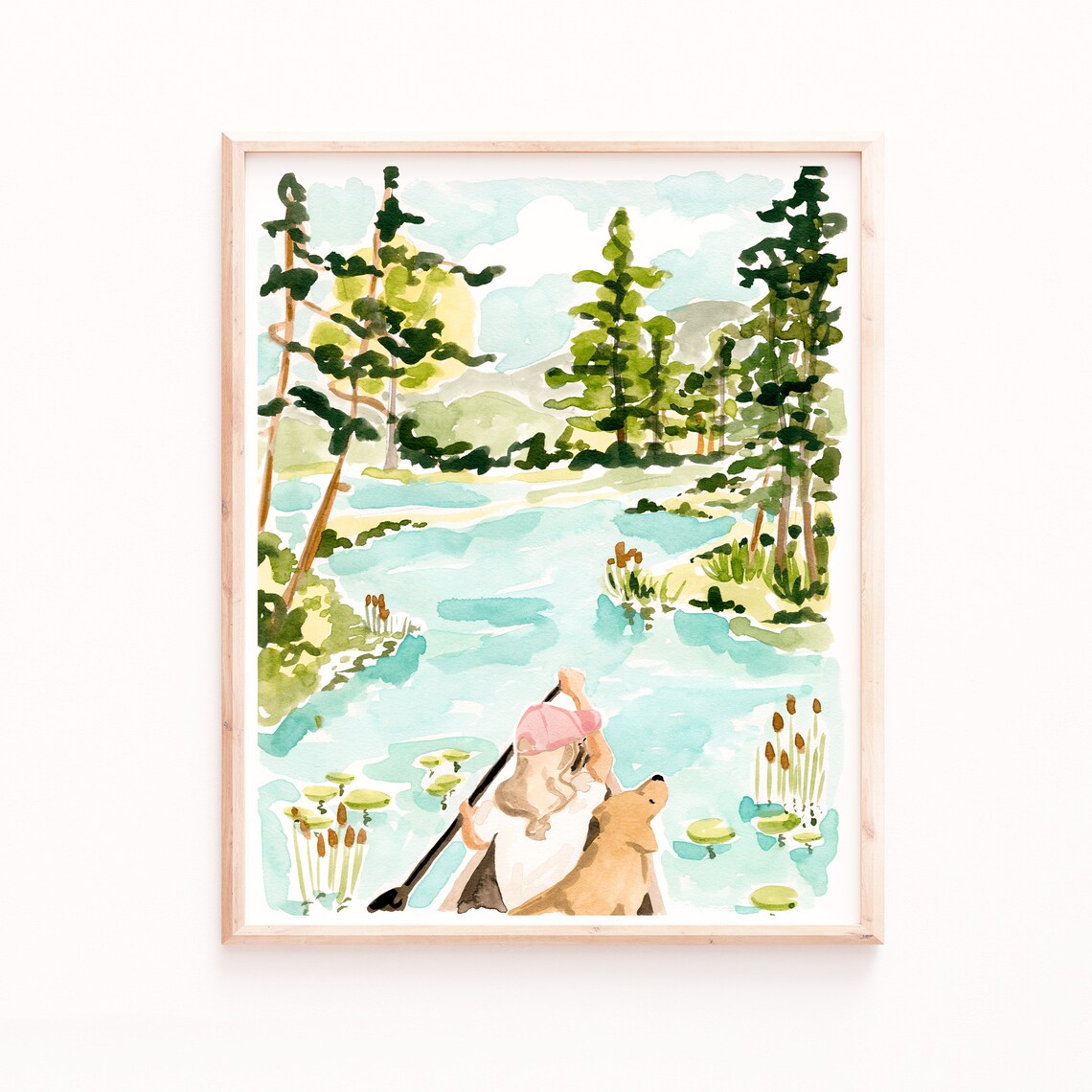 Lake Art Print, Girl And Dog Canoe Adventure