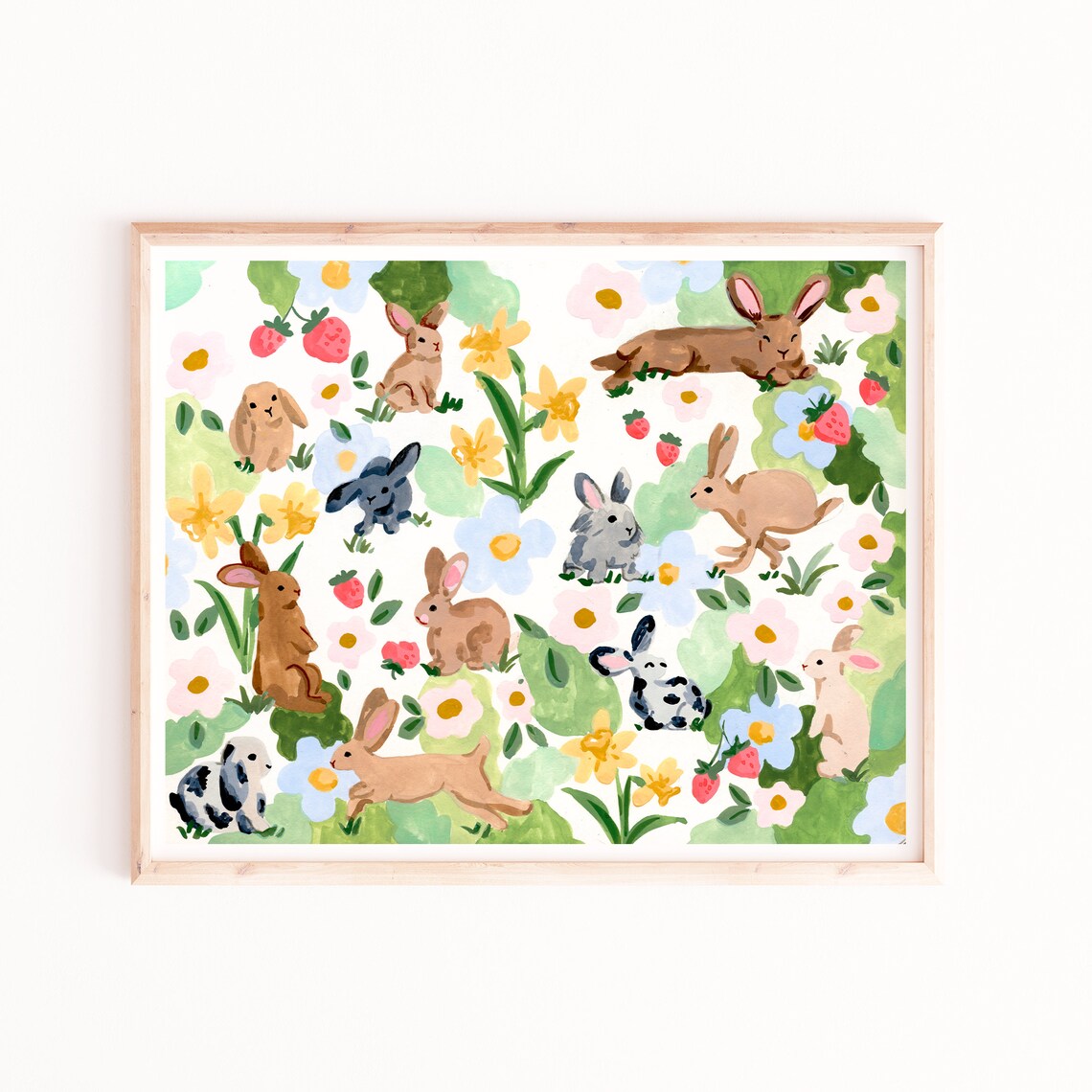 Rabbits and Strawberries Watercolor Art Print