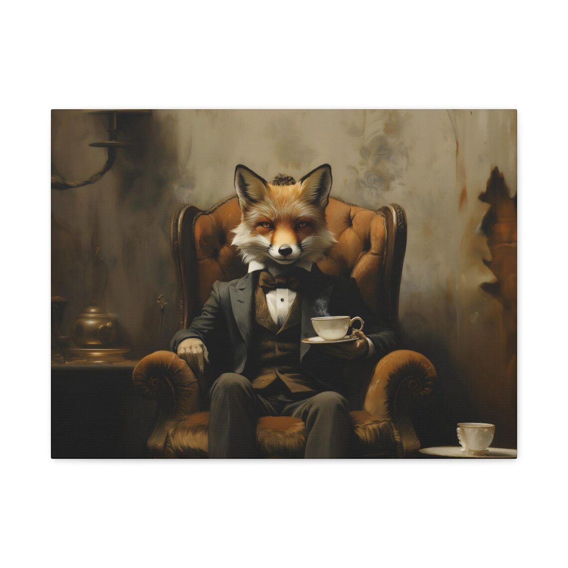 Fox in Suit Drinking Tea Victorian Armchair Oil Painting Animal Poster - Image 3