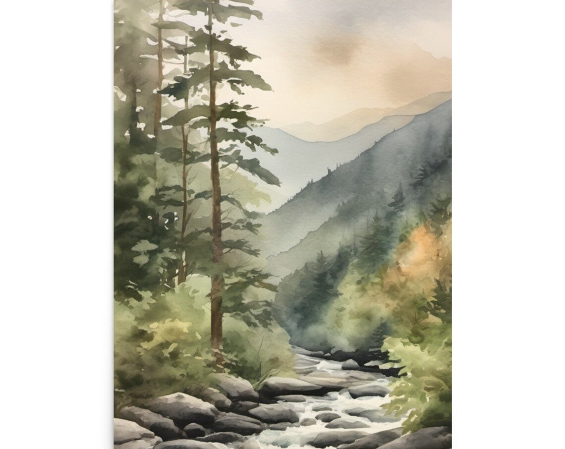 Great Smoky Mountains Watercolor Art Print, Foggy Forest