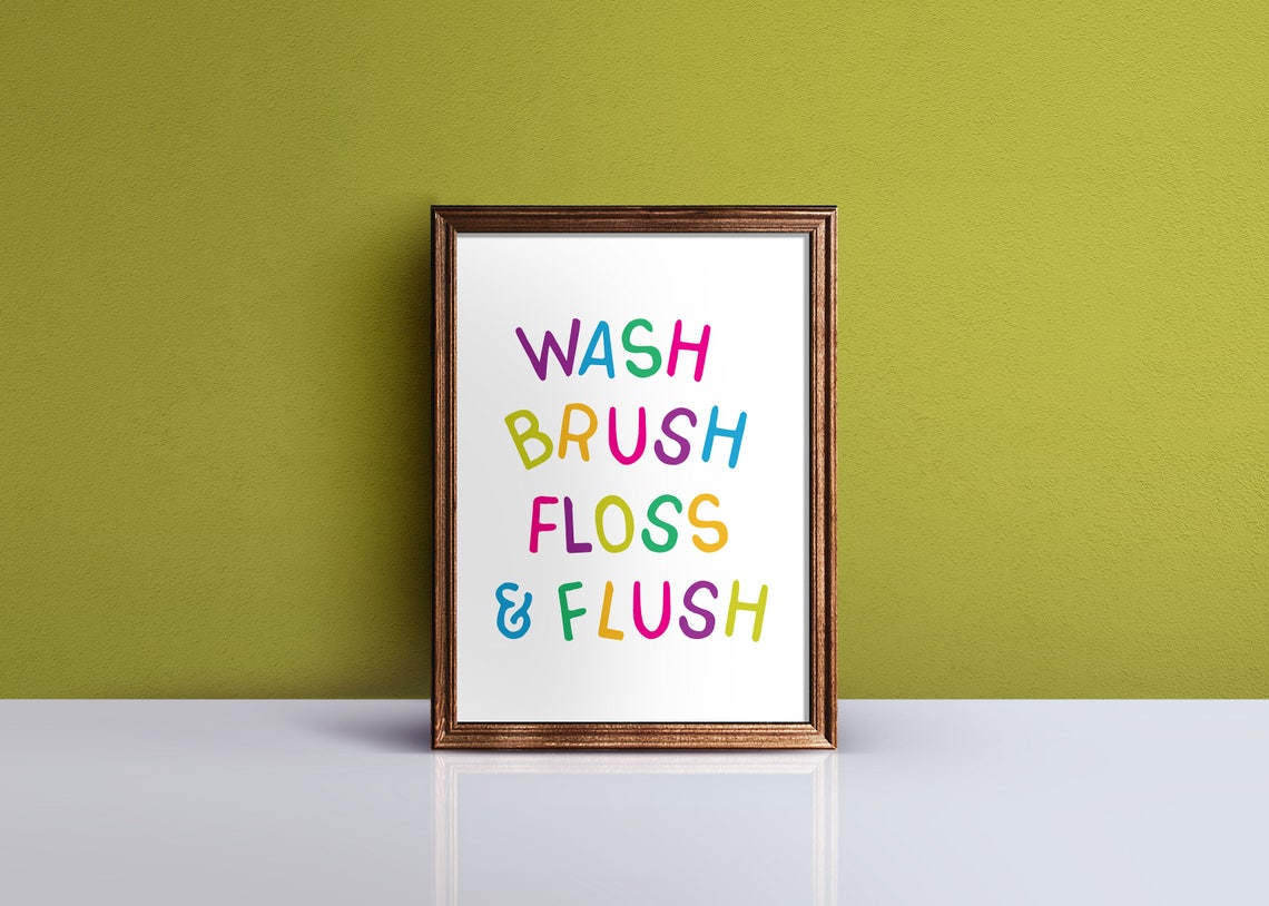 Colorful Wash Brush Floss Flush Kids Bathroom Routine Sign Poster - Image 2