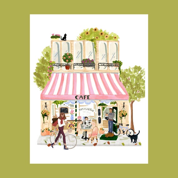 Paris Fall Coffee Shop Art Print, Cozy French Cafe