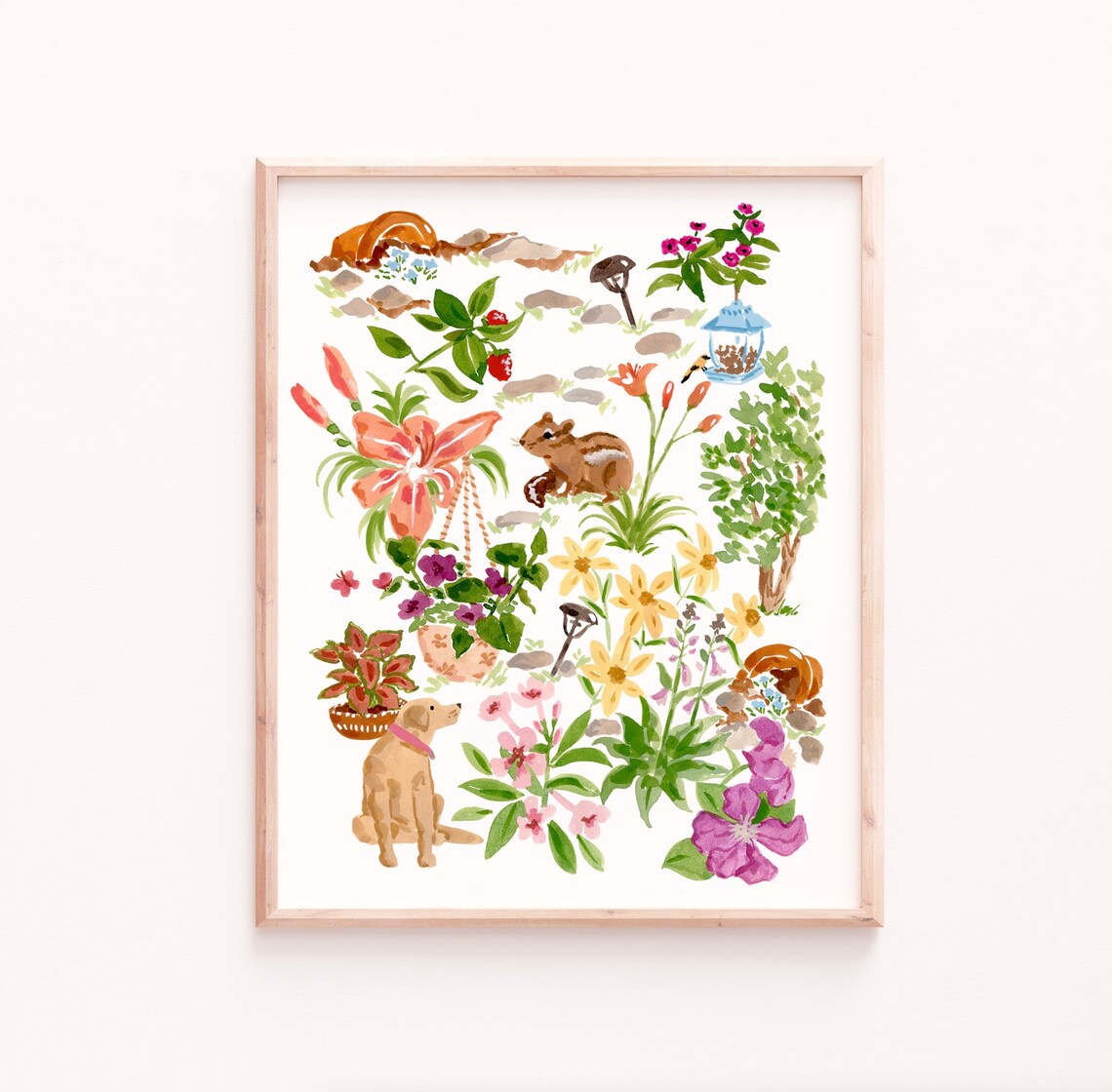 Animals In The Yard Botanical Watercolor Art Print