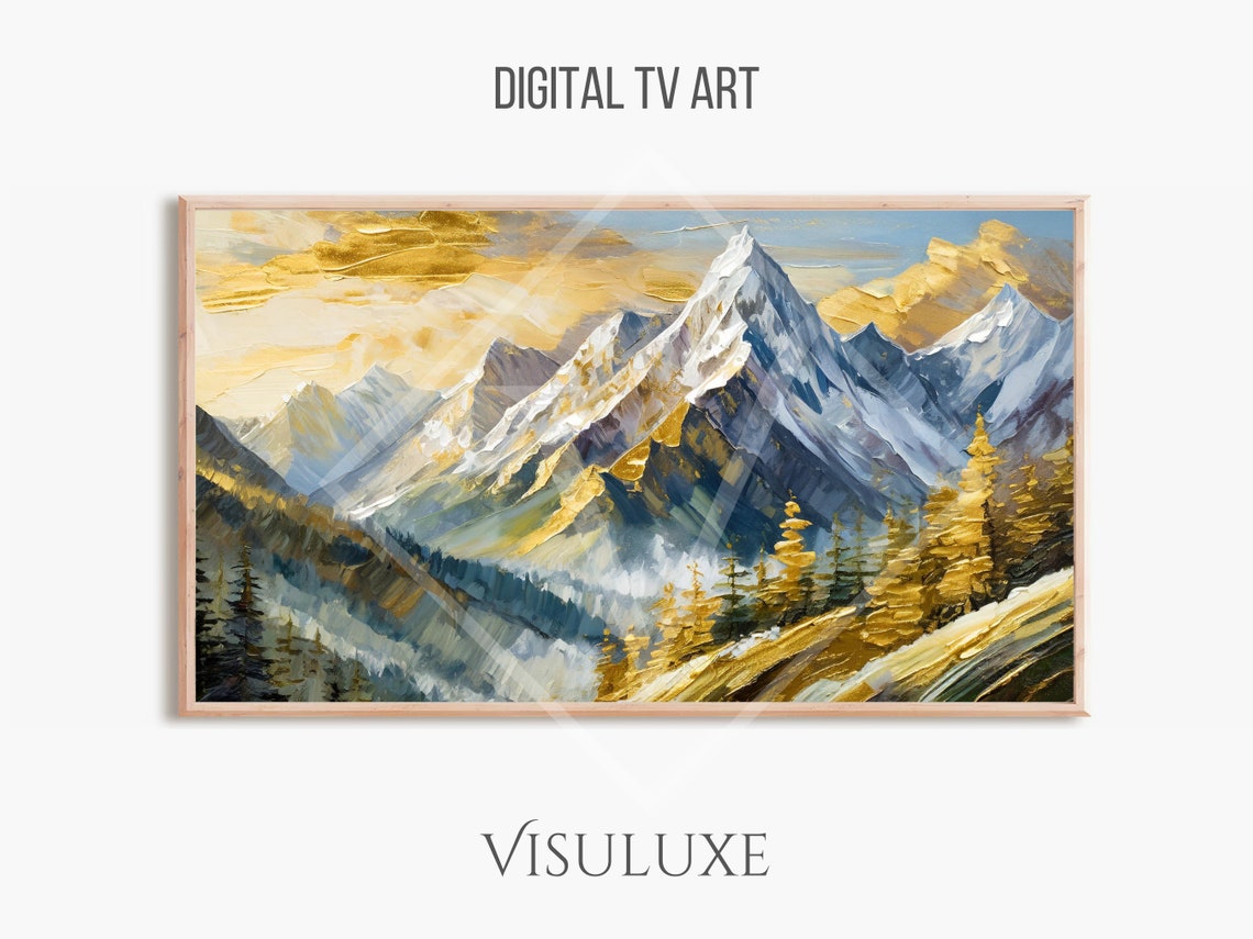 Golden Snow Capped Mountain Peaks Sunset Impasto Landscape Poster