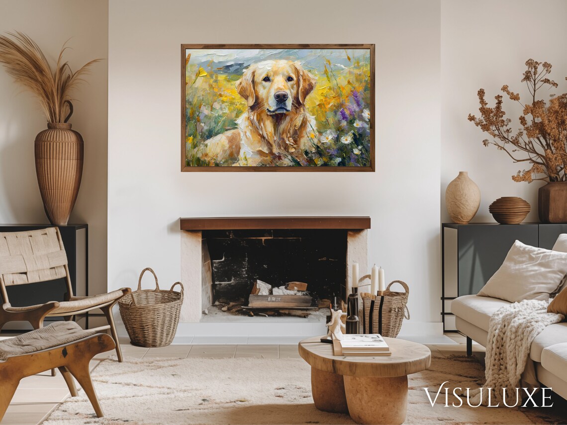 Golden Retriever Dog Wildflowers Meadow Portrait Pet Painting Wall Art - Image 3