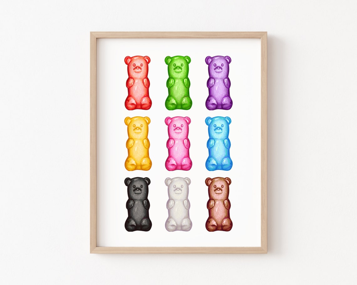 Rainbow Gummy Bear Watercolor Grid Playful Kids Room Wall Art - Image 2