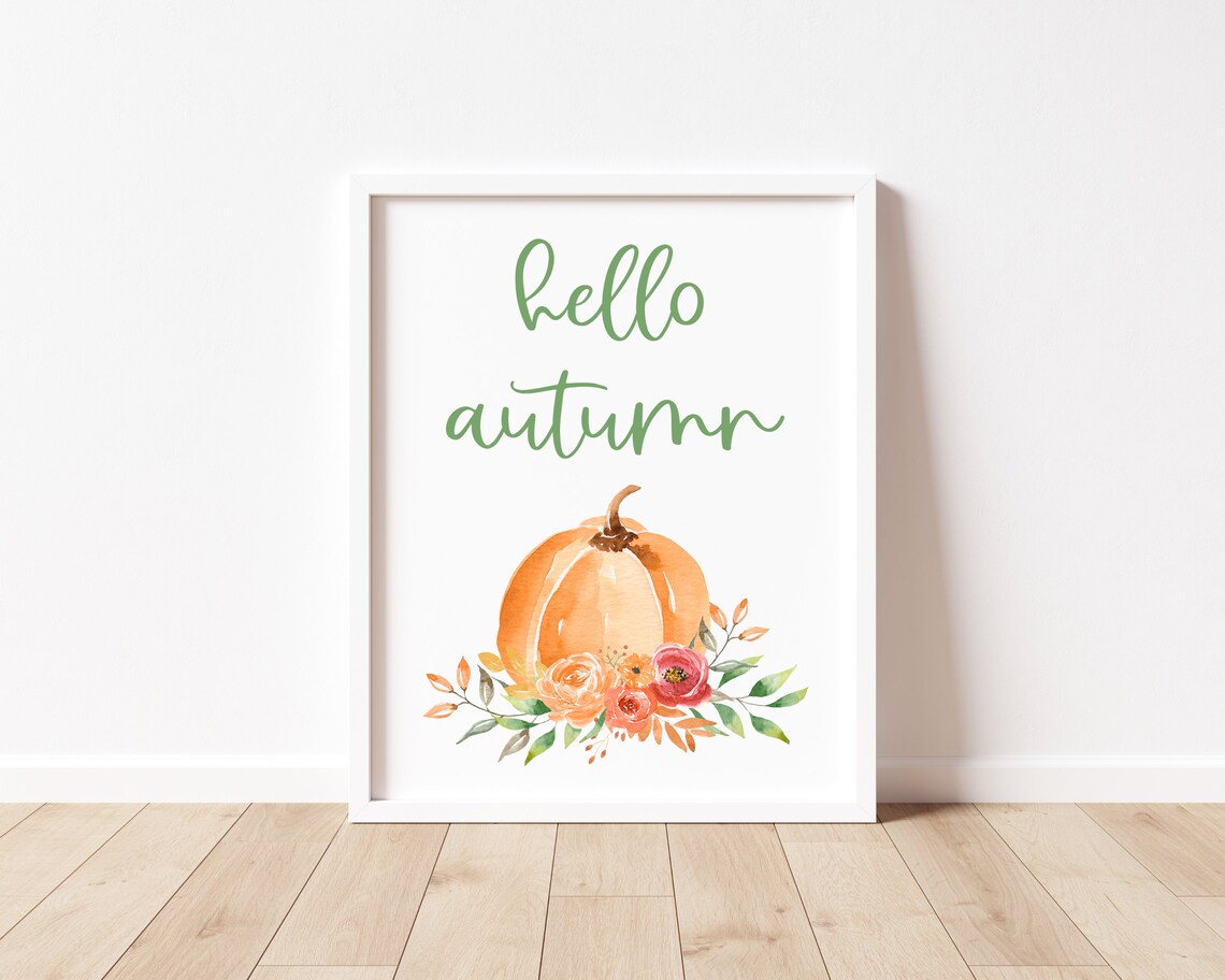 Hello Autumn Watercolor Pumpkin Floral Seasonal Decor Poster