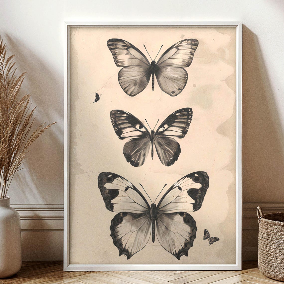 Three Vintage Butterflies Stacked Vertically on Aged Paper Poster