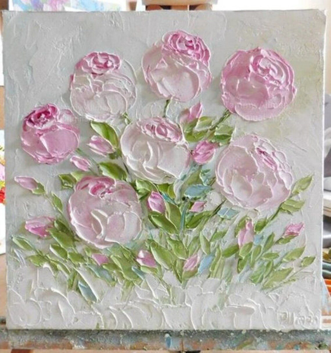 Custom Soft Peonies Oil Impasto Painting Cottage Decor Frame Not Included - Image 3