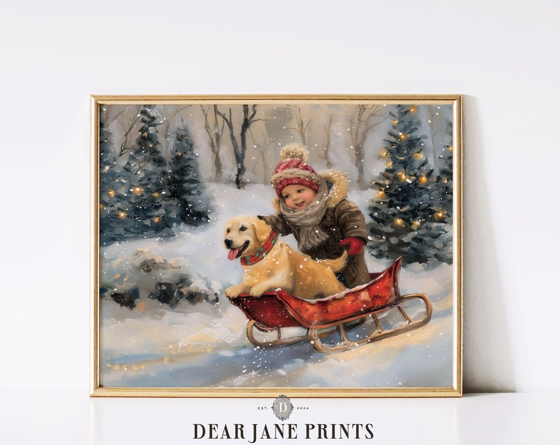 Golden Retriever Child Red Sled Snowy Woods Christmas Scene Wall Art