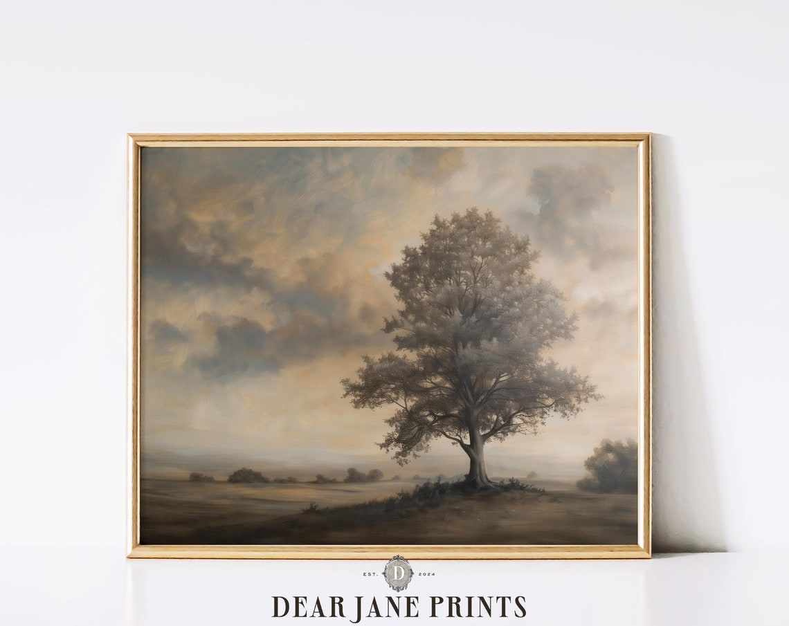 Lone Tree On Moody Plain Under Dramatic Cloudy Sky Landscape Poster - Image 2
