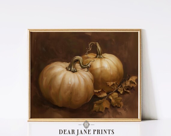 Two Beige Pumpkins with Autumn Leaves Oil Painting Still Life Poster