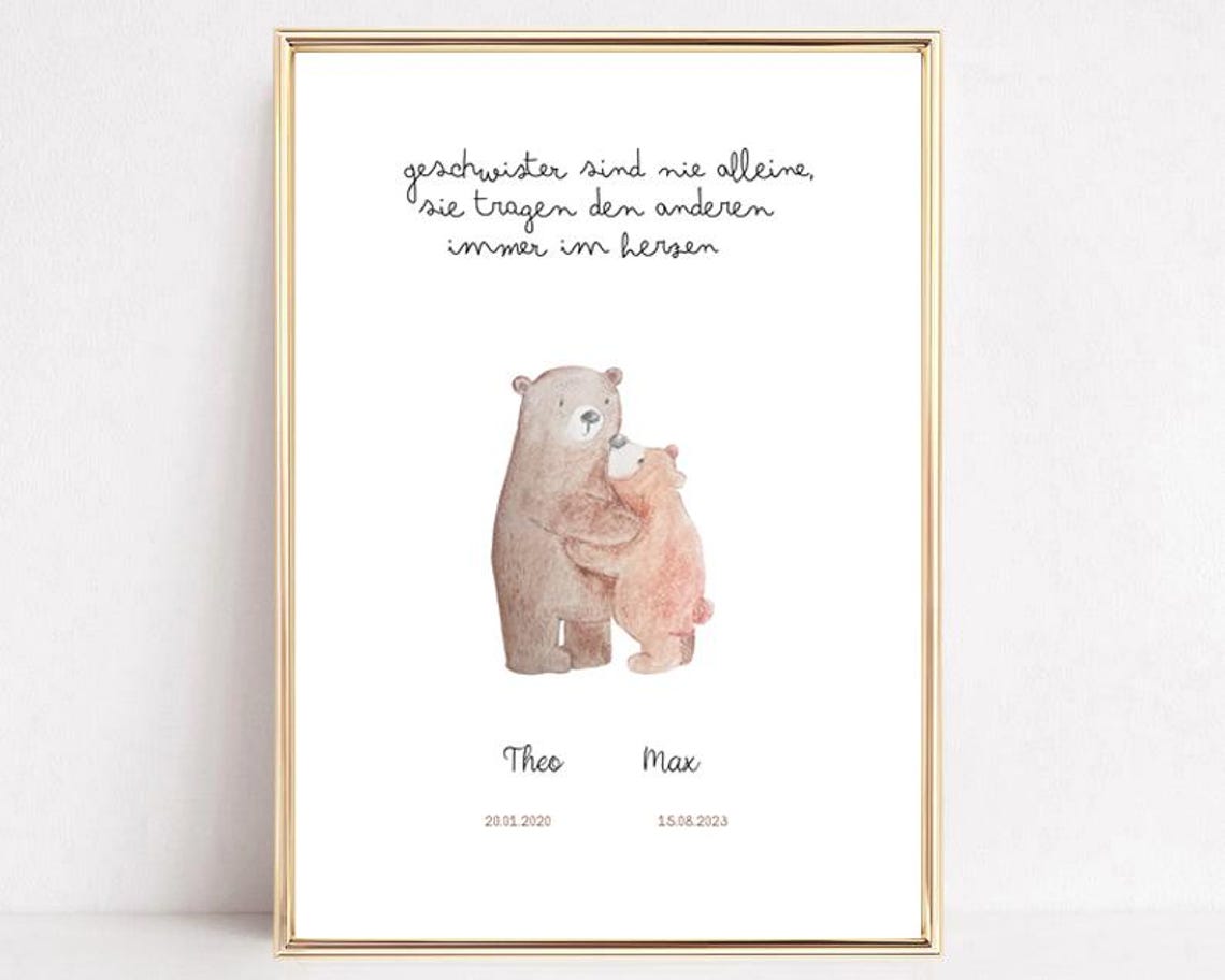 Two Bears Hugging Sibling Quote Personalized Names Dates Art Poster - Image 2