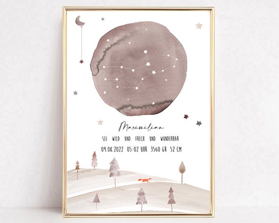 Childrens Picture Zodiac Sign Personalized Gift Birth Gift Baptism Poster Birth Zodiac Sign Fox