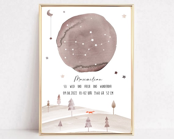 Personalized Zodiac Moon Birth Stats Baby Keepsake Starry Art Poster