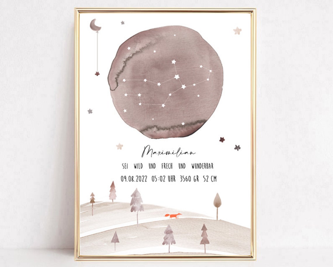 Personalized Zodiac Moon Birth Stats Baby Keepsake Starry Art Poster