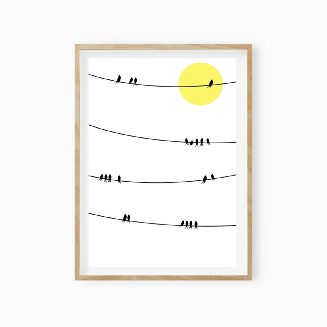 Minimalist Swallows On Wires With Yellow Sun Black White Art Poster