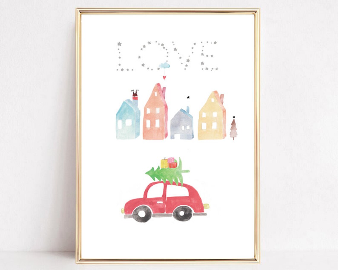 Christmas Red Car Tree Pastel Houses LOVE Stars Holiday Art Poster