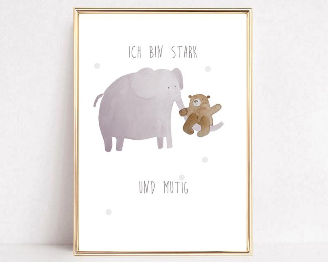 Strong And Brave Elephant Bear German Affirmation Kids Art Poster - Image 2