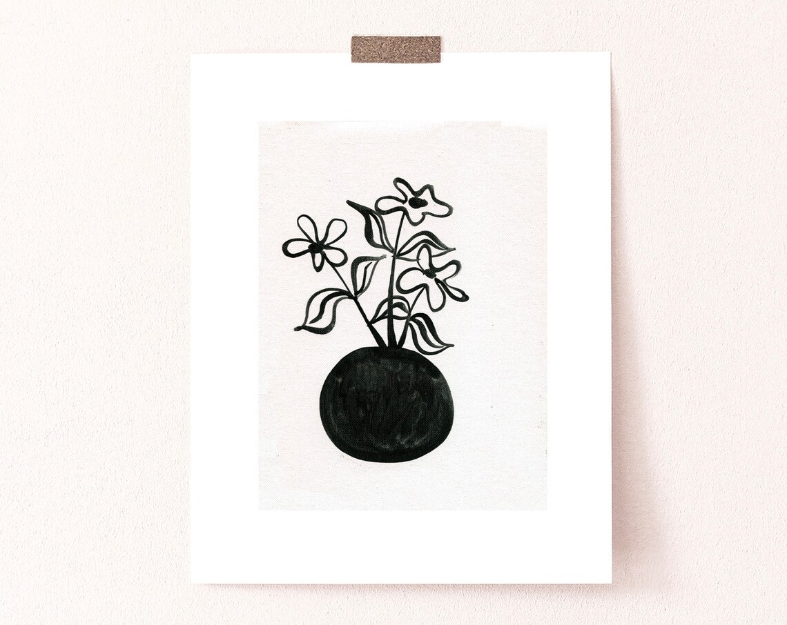 Minimalist Daisy Vase Art Print, Boho Vintage Floral