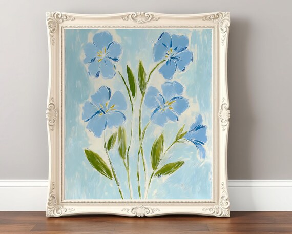 Blue Floral Botanical Painterly Print Coastal Square Minimalist Flower Art