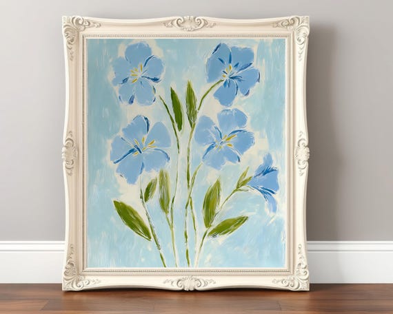 Blue Floral Print Minimalist Botanical Wall Art Coastal Flowers Painting Grandmillennial Decor