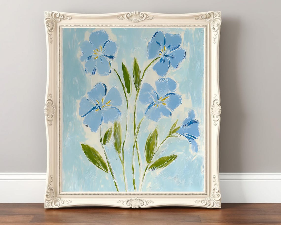 Blue Floral Print Minimalist Botanical Wall Art Coastal Flowers Painting Grandmillennial Decor