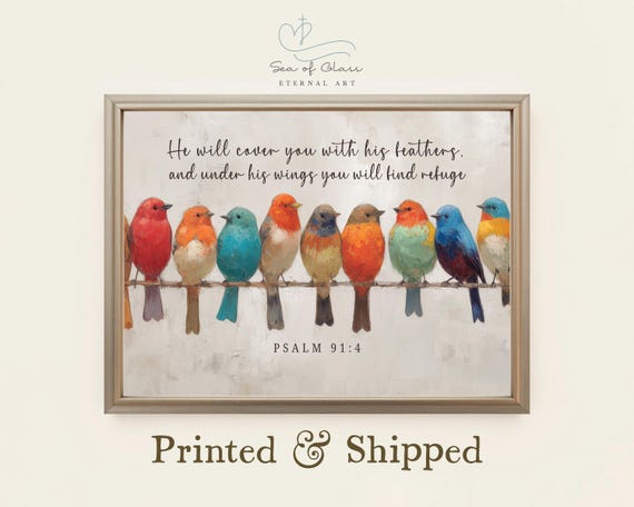 Psalm 91:4 Bird Oil Painting Print, Christian Scripture