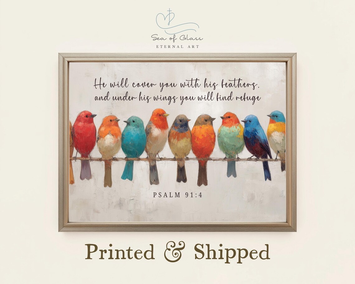 Psalm 91:4 Bird Oil Painting Print, Christian Scripture