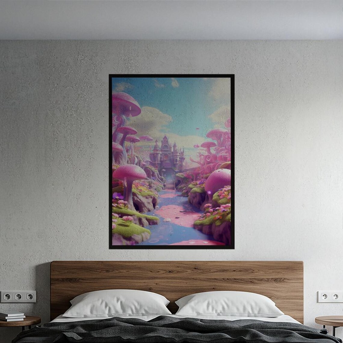 Pink Mushroom Forest Fairy Tale Castle Fantasy Landscape Poster