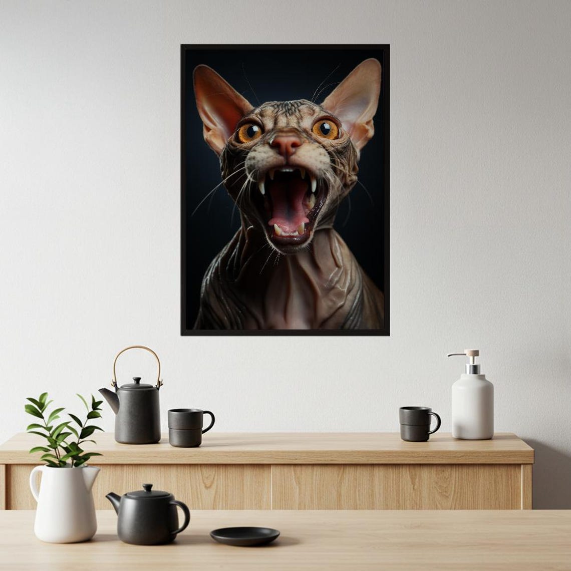 Bold Fierce Sphynx Cat Yawning Dramatic Hairless Feline Poster