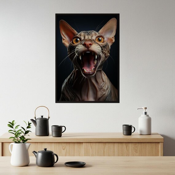 Bold Fierce Sphynx Cat Yawning Dramatic Hairless Feline Poster