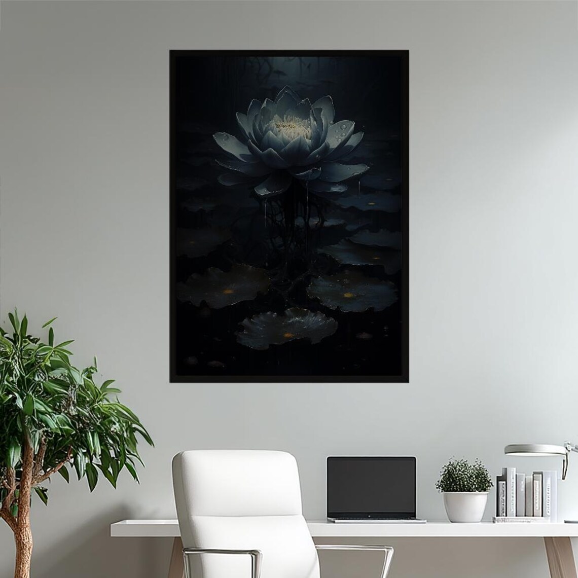 Lunar Blossom Dark Water Lily Moody Floral Gothic Botanical Art Print