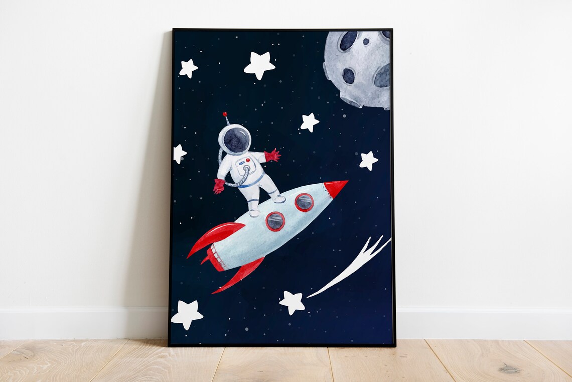 Astronaut Standing on Earth Starry Night Watercolor Art Poster - Image 6