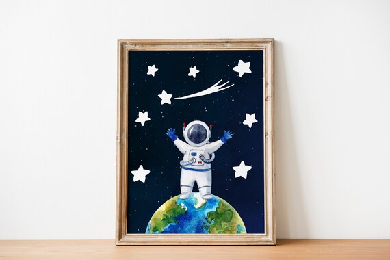 Cute Astronaut on Earth Watercolor Space Kids Room Decor Poster