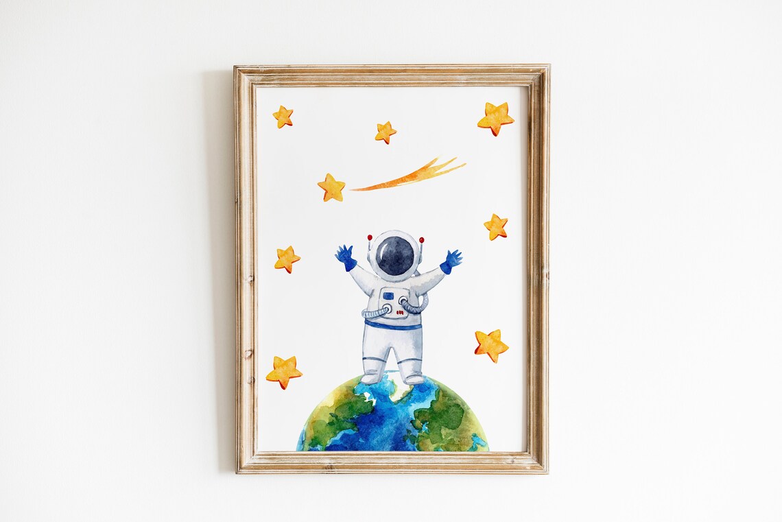 Astronaut Riding Rocket Watercolor Space Kids Room Decor Poster - Image 7